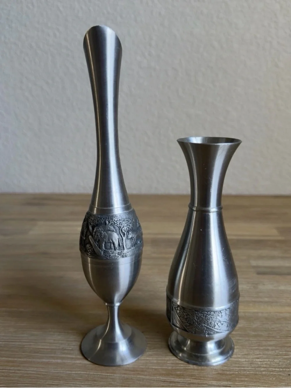 Vintage Pewter Skinny Bud Vases And Pitcher 8” and 6” Tall Silver Color Set of 2